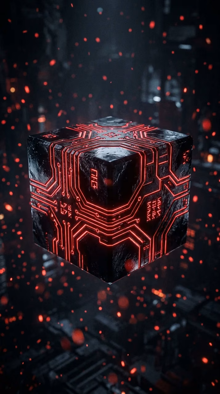 Download Abstract Cybernetic Data Cube with Red Glowing Circuitry Wallpaper in Mobile HD Abstract Cybernetic Data Cube with Red Glowing Circuitry - Free Mobile AMOLED Wallpaper Background