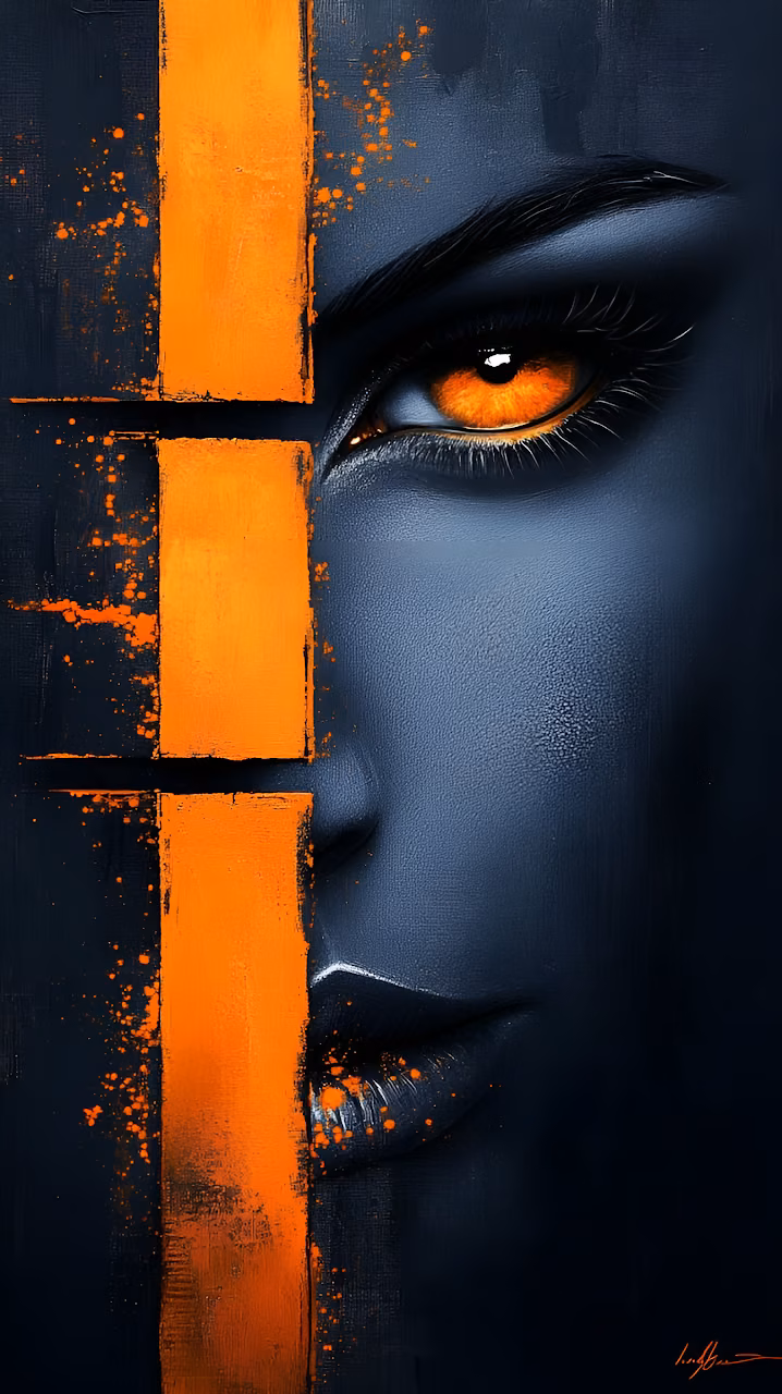 Abstract Dark Portrait Orange Stripe Segmented Face Art - Free Mobile AMOLED Wallpaper Background