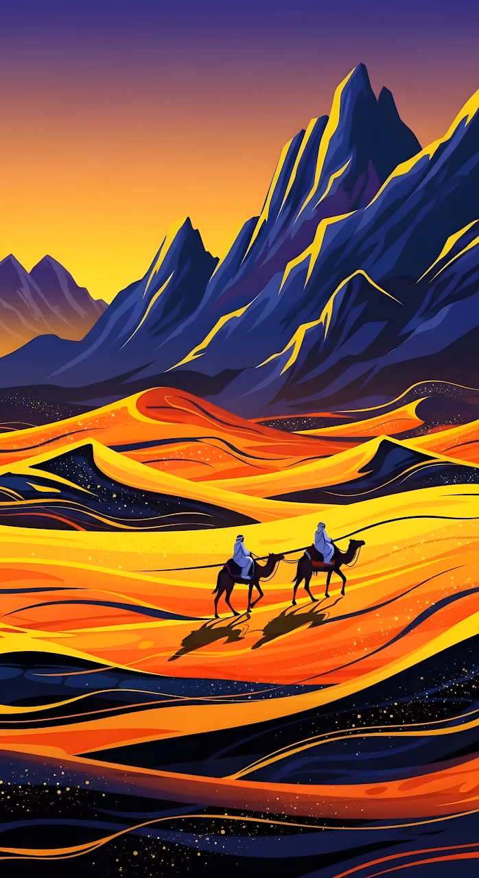 Download Abstract Desert Caravan Vector Art Sunset Mountain Peaks Wallpaper in Mobile HD Abstract Desert Caravan Vector Art Sunset Mountain Peaks - Free Mobile AMOLED Wallpaper Background
