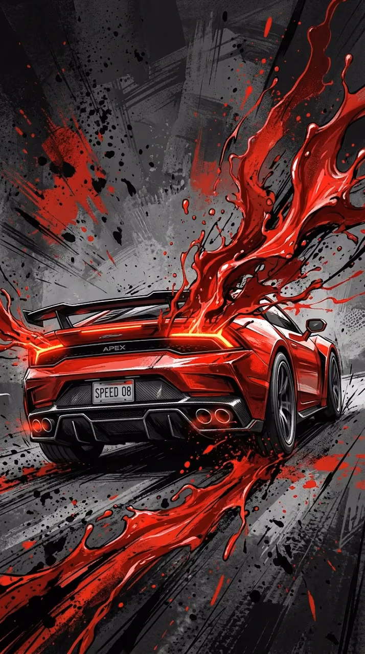Download Abstract Digital Art of a Sports Car with Dynamic Red Paint Splashes Wallpaper in Mobile HD Abstract Digital Art of a Sports Car with Dynamic Red Paint Splashes - Free Mobile AMOLED Wallpaper Background