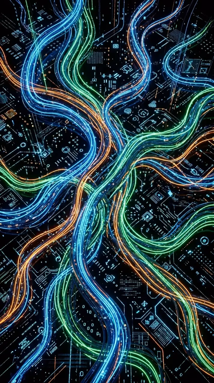Abstract Digital Illustration of Flowing Neon Lines and Circuitry Patterns - Free Mobile AMOLED Wallpaper Background