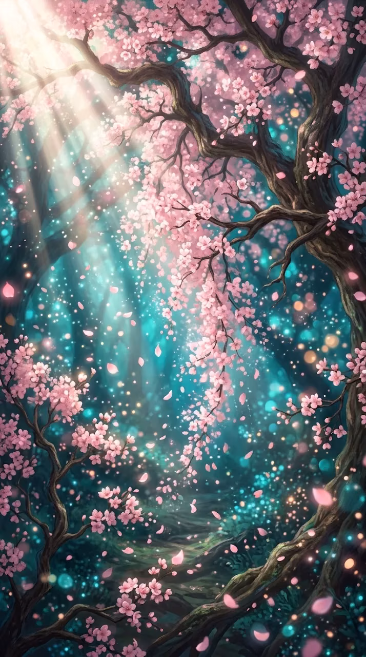 Abstract Digital Illustration of Falling Pink Flowers and Ethereal Blue Light - Free Mobile AMOLED Wallpaper Background