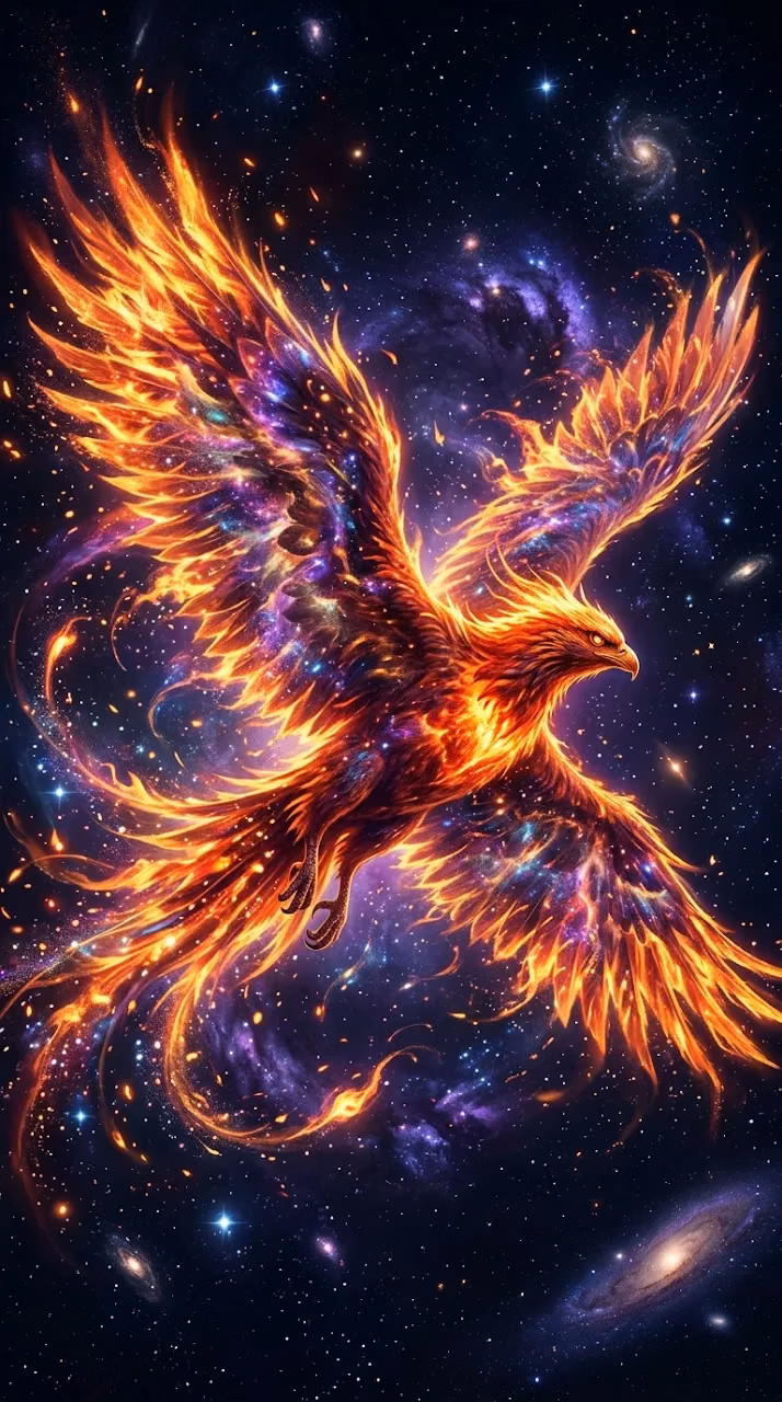 Download Abstract Digital Illustration of a Fire Eagle Rising with Cosmic Nebula Wings Wallpaper in Mobile HD Abstract Digital Illustration of a Fire Eagle Rising with Cosmic Nebula Wings - Free Mobile AMOLED Wallpaper Background