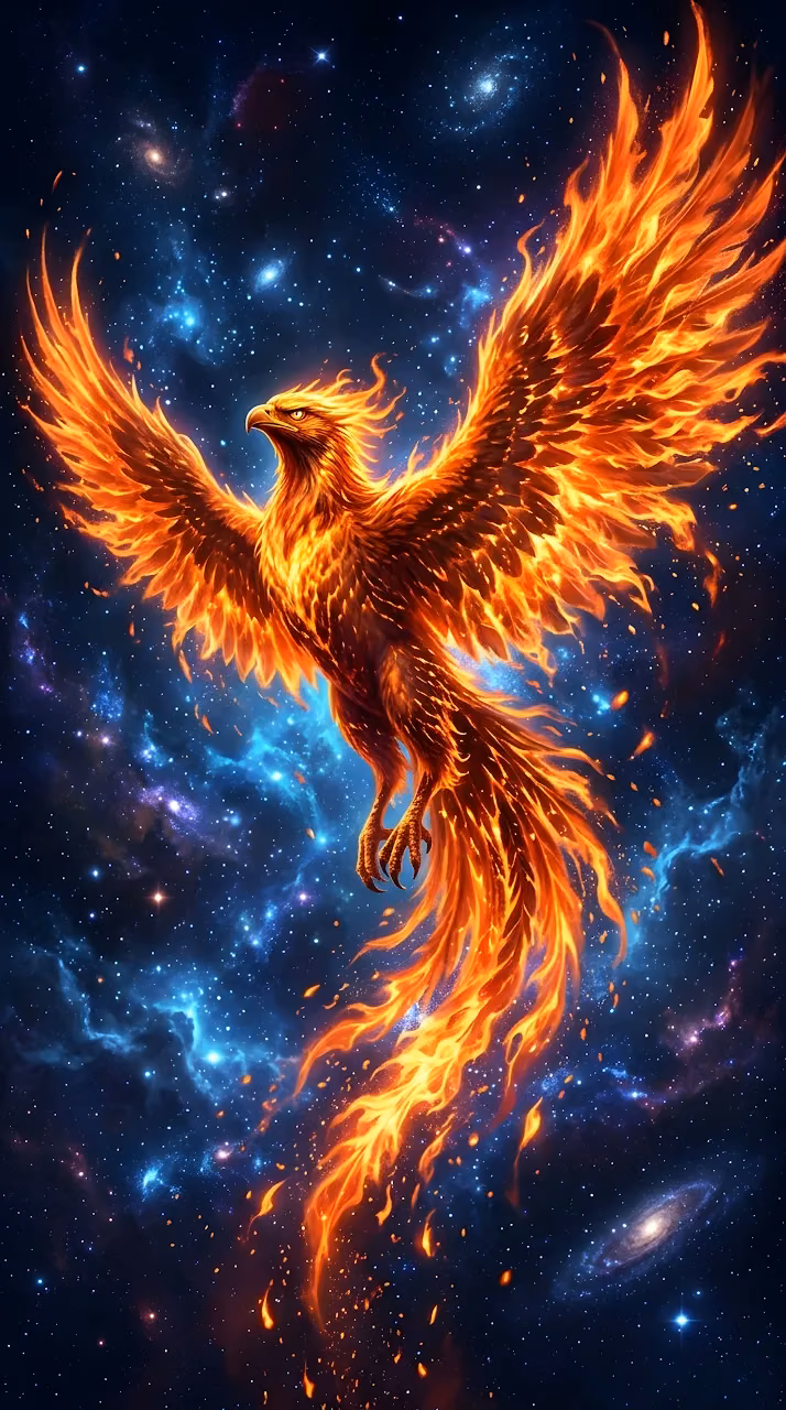 Download Abstract Digital Illustration of a Fire Phoenix with Expansive Wings in Space Wallpaper in Mobile HD Abstract Digital Illustration of a Fire Phoenix with Expansive Wings in Space - Free Mobile AMOLED Wallpaper Background