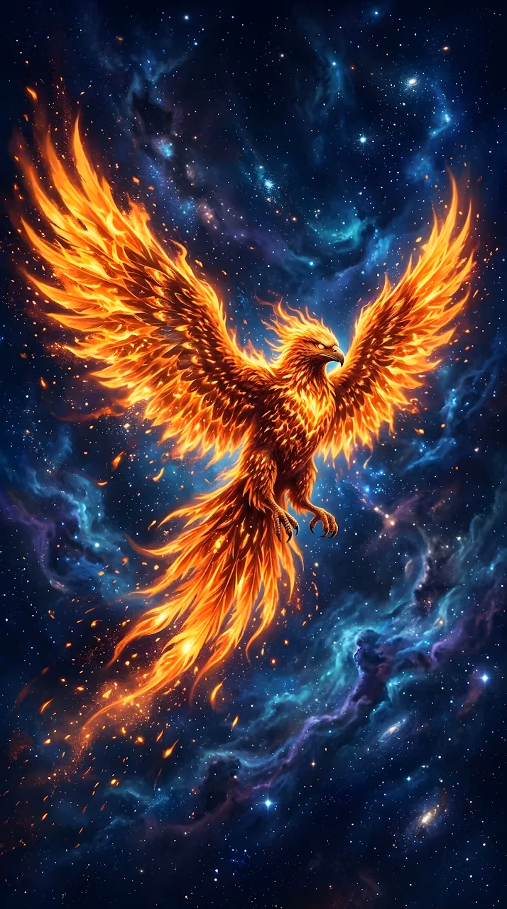 Abstract Digital Illustration of a Fire Phoenix with Expansive Wings in Space - Free Mobile AMOLED Wallpaper Background
