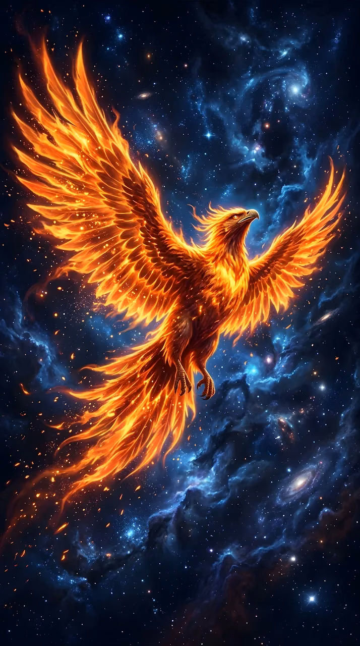 Download Abstract Digital Illustration of a Fire Phoenix with Expansive Wings in Space Wallpaper in Mobile HD Abstract Digital Illustration of a Fire Phoenix with Expansive Wings in Space - Free Mobile AMOLED Wallpaper Background