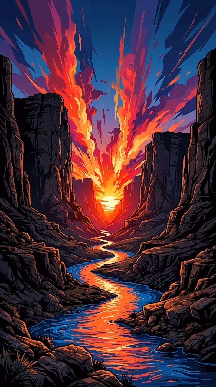 Abstract Digital Illustration of Sunset over Canyon River with Radiant Red Clouds - Free Mobile AMOLED Wallpaper Background