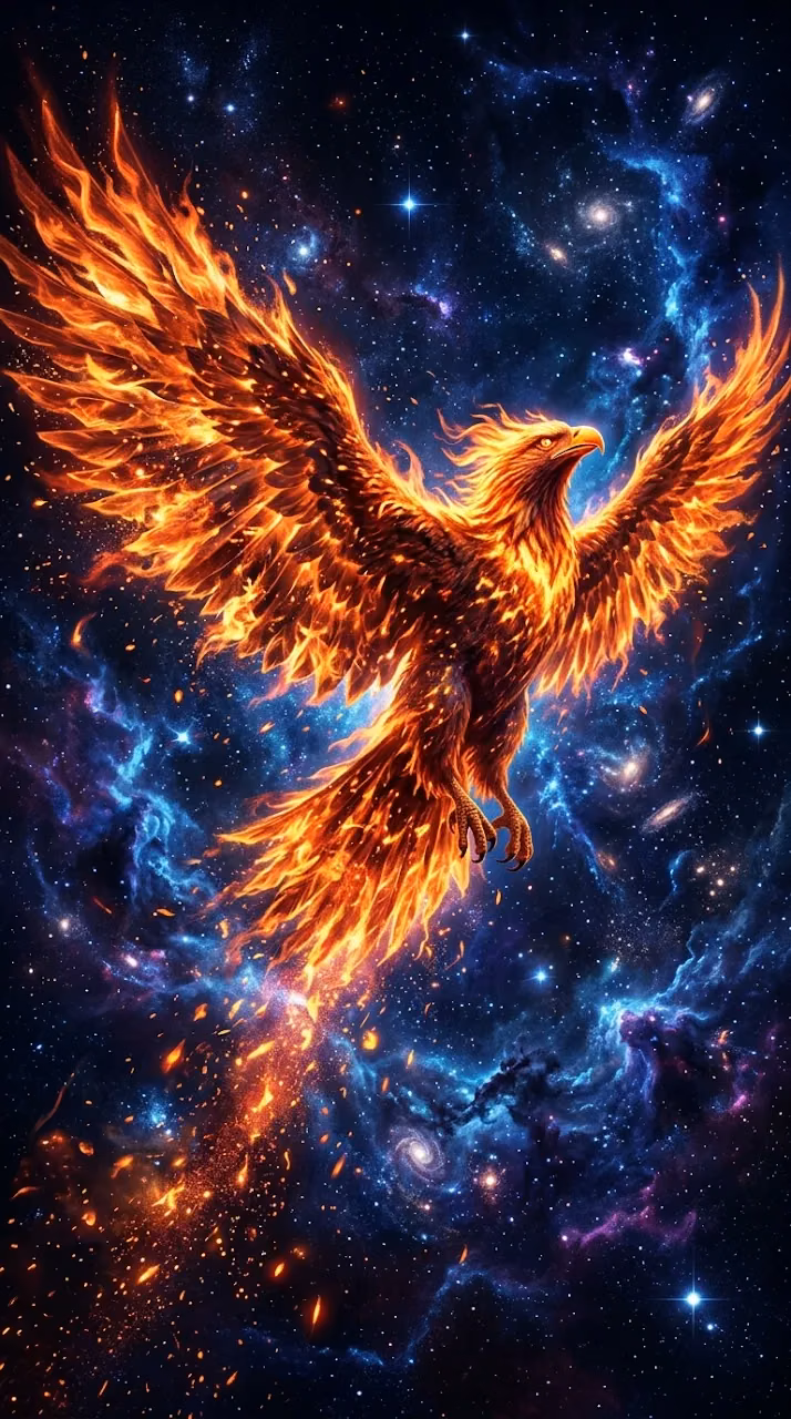 Download Abstract Digital Illustration of a Fire Phoenix with Expansive Wings in Space Wallpaper in Mobile HD Abstract Digital Illustration of a Fire Phoenix with Expansive Wings in Space - Free Mobile AMOLED Wallpaper Background