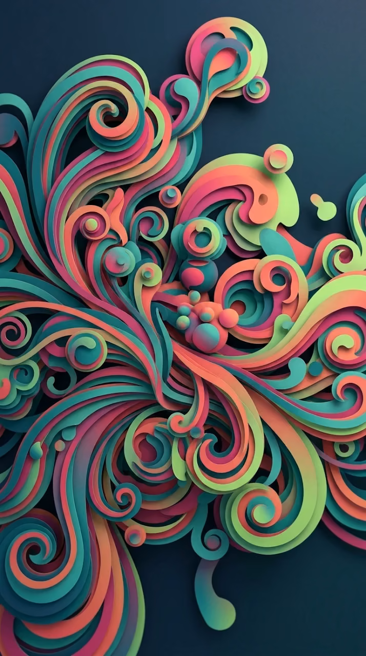 Abstract Digital Paper Cut Design with Colorful Swirls and Spheres - Free Mobile AMOLED Wallpaper Background