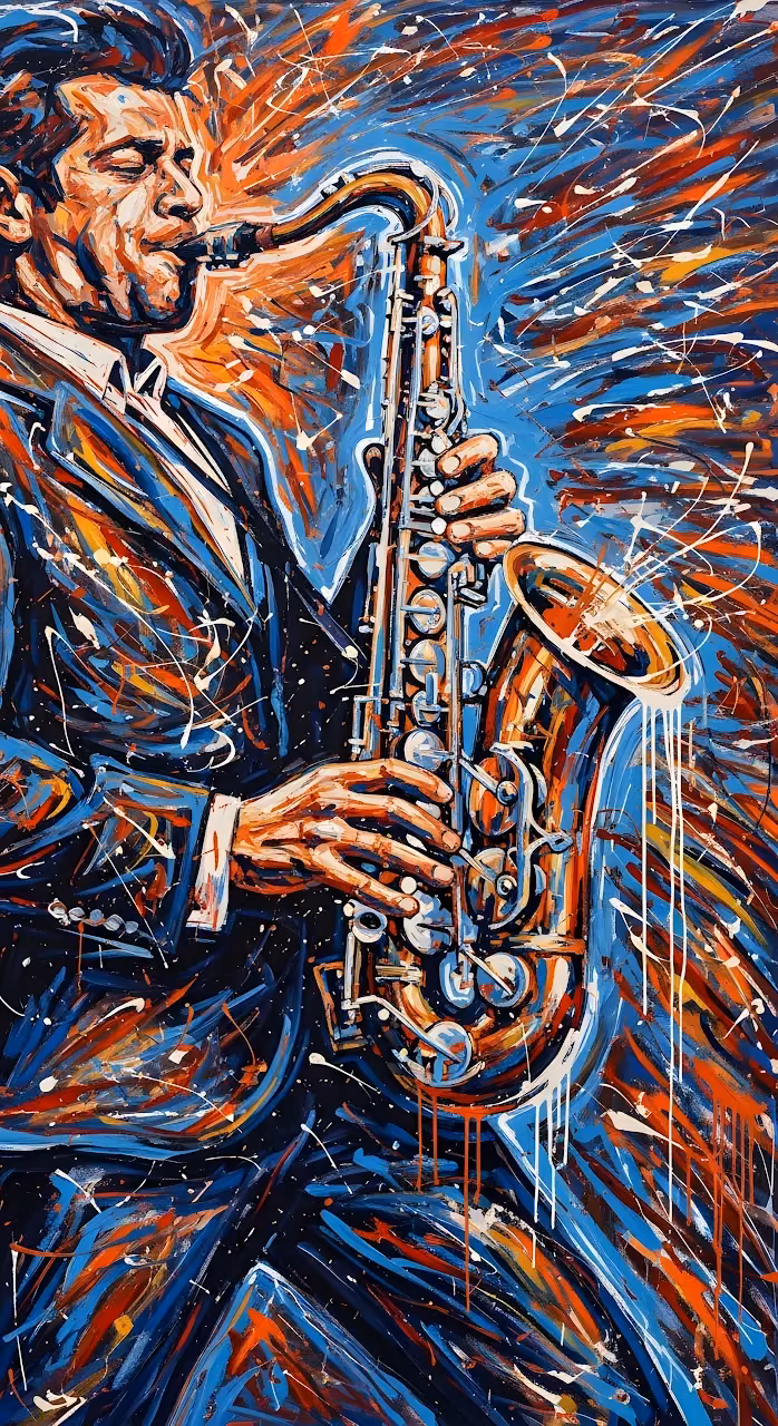 Abstract Expressionist Jazz Saxophone Player Splatter Painting - Free Mobile AMOLED Wallpaper Background