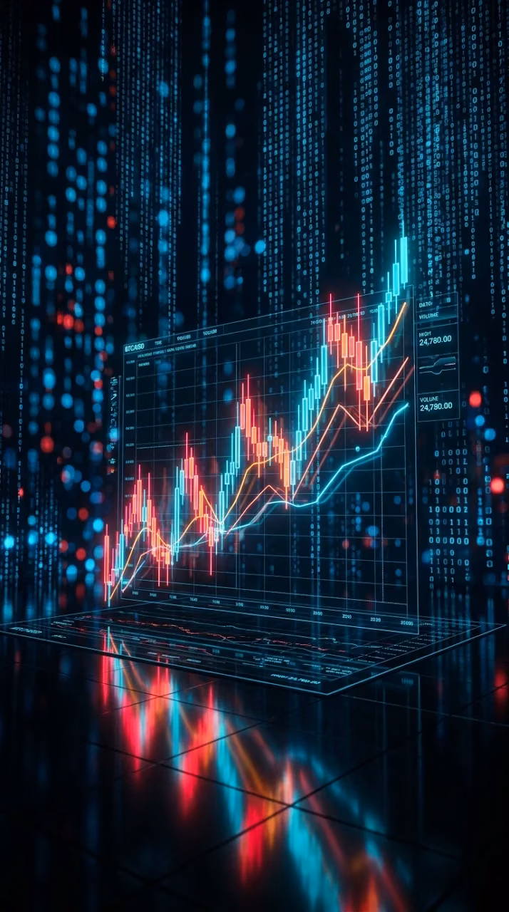 Abstract Financial Candlestick Chart with Glowing Holographic Data Overlays - Free Mobile AMOLED Wallpaper Background