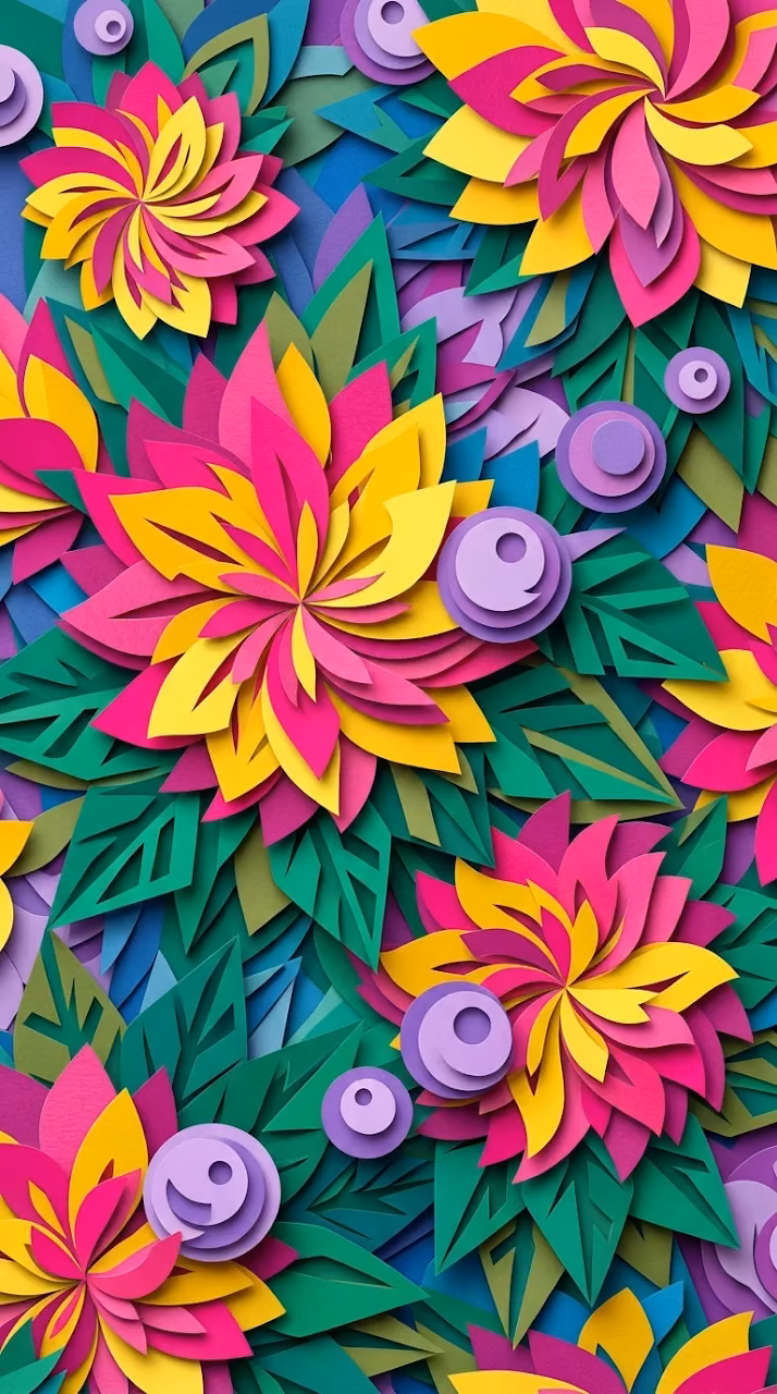 Abstract Floral Symphony in Paper Cut Style - Free Mobile AMOLED Wallpaper Background