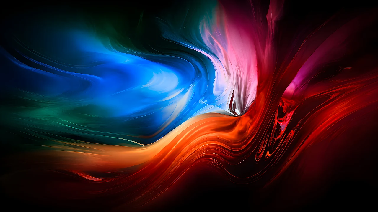 Download Abstract Fluid Acrylic Wave Swirl 4K Wallpaper in 4K UHD Abstract fluid swirl of electric blue, vibrant orange, and crimson paint waves blending together.