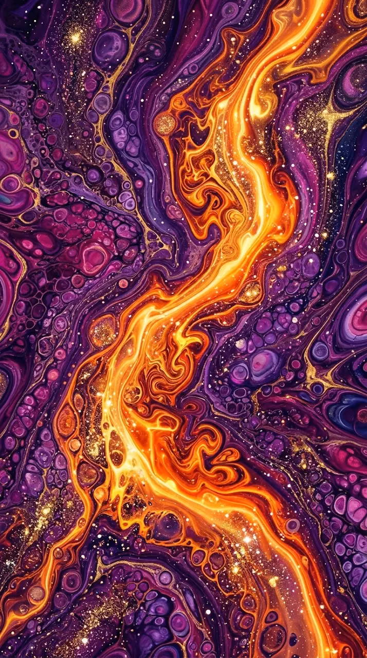 Abstract Fluid Marble Art with Vibrant Purple, Orange, and Gold Swirls - Free Mobile AMOLED Wallpaper Background