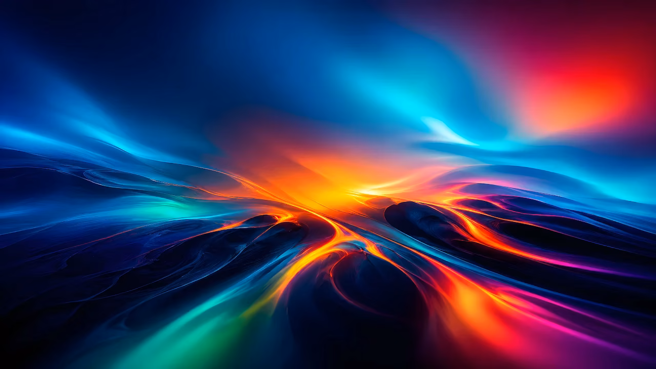 Download Abstract Fluid Neon Waves Aurora 4K Wallpaper in 4K UHD Abstract flowing waves of bright orange, cyan, and pink liquid light across a dark surface.