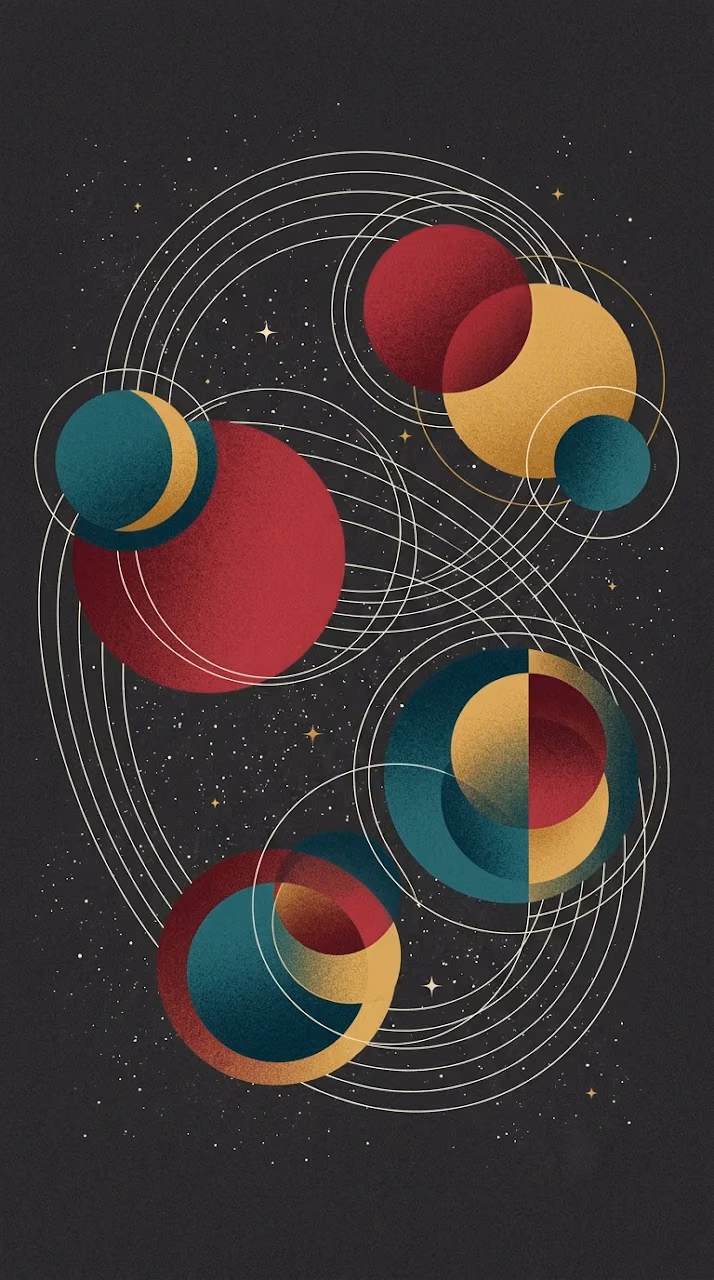 Abstract Geometric Illustration of Planets and Orbital Paths in Space - Free Mobile AMOLED Wallpaper Background