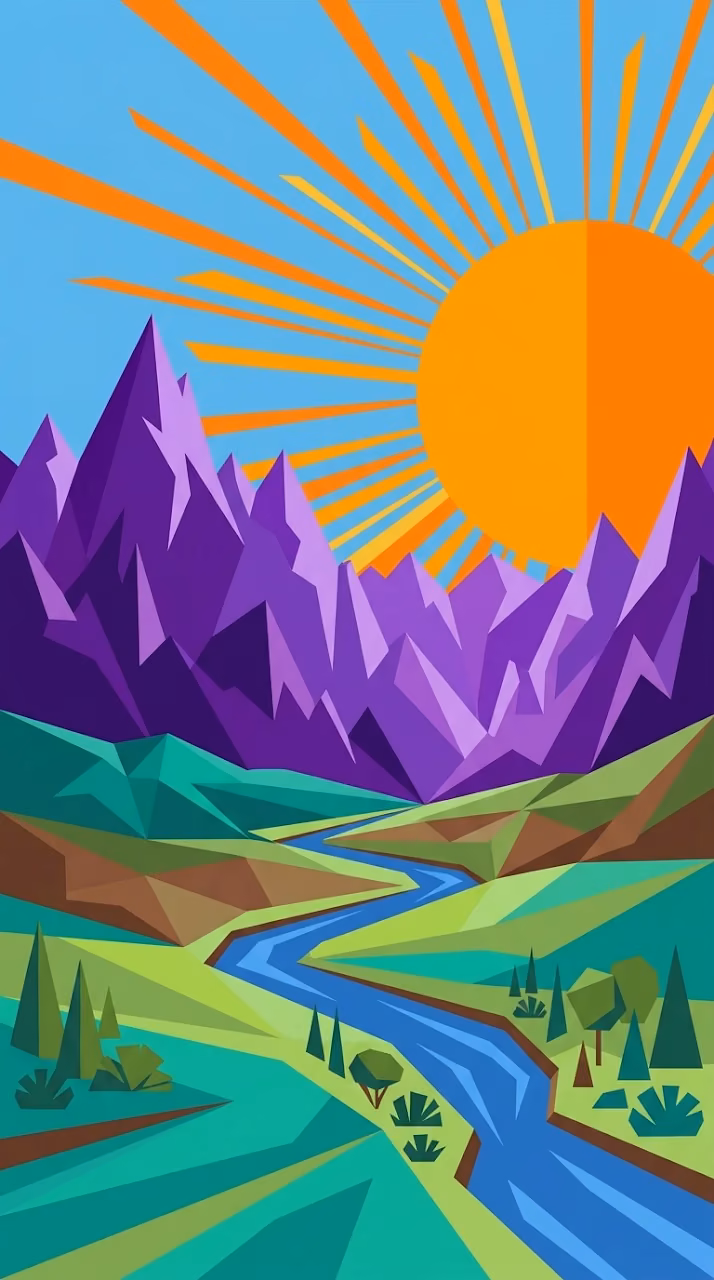 Download Abstract Geometric Illustration of Purple Mountains and an Orange Sun over a River Wallpaper in Mobile HD Abstract Geometric Illustration of Purple Mountains and an Orange Sun over a River - Free Mobile AMOLED Wallpaper Background