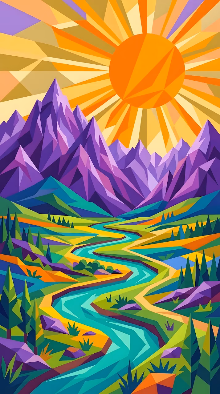 Download Abstract Geometric Landscape Illustration of Purple Mountains and a Sun over a River Wallpaper in Mobile HD Abstract Geometric Landscape Illustration of Purple Mountains and a Sun over a River - Free Mobile AMOLED Wallpaper Background