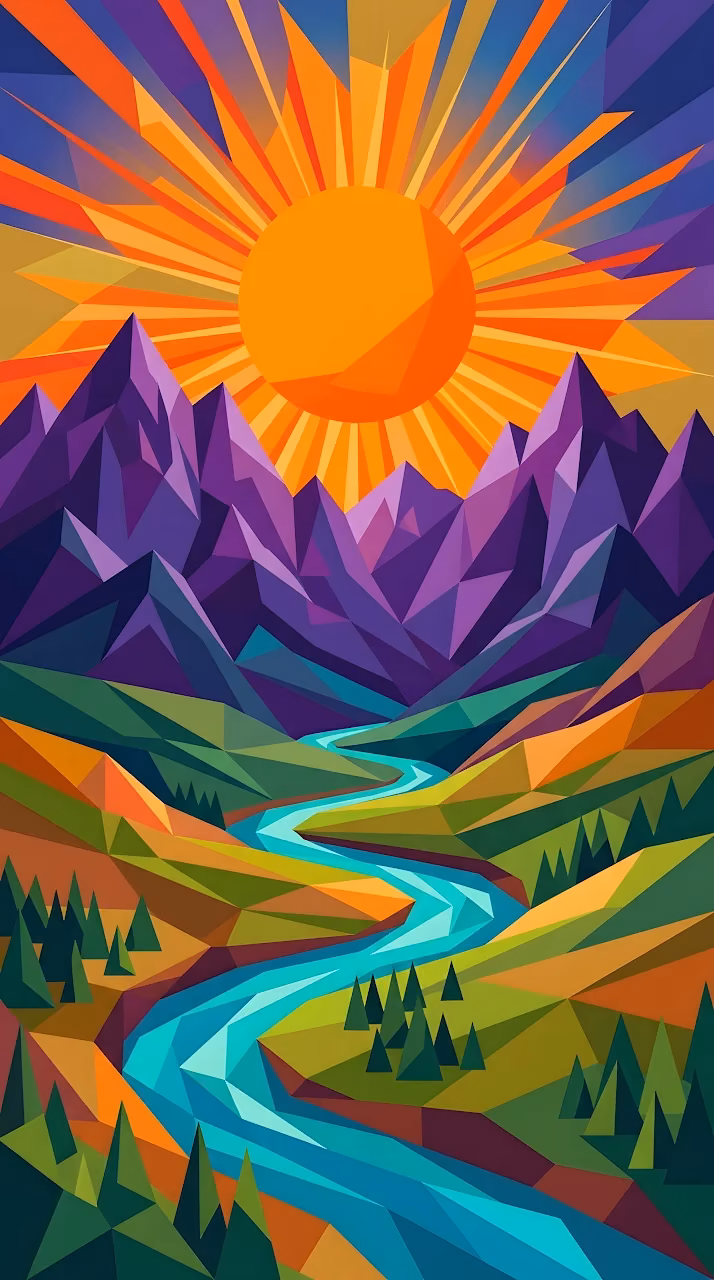 Download Abstract Geometric Landscape Illustration of Purple Mountains and a Sun over a River Wallpaper in Mobile HD Abstract Geometric Landscape Illustration of Purple Mountains and a Sun over a River - Free Mobile AMOLED Wallpaper Background