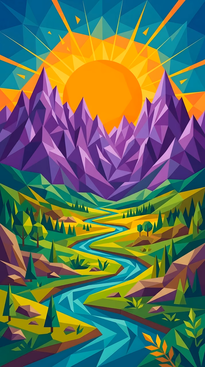 Abstract Geometric Landscape Illustration of Purple Mountains and a Sun over a River - Free Mobile AMOLED Wallpaper Background