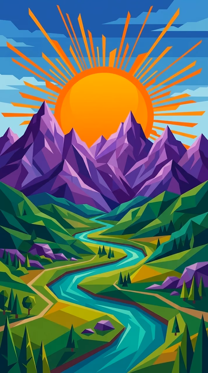 Download Abstract Geometric Landscape Illustration of Purple Mountains and a Sun over a River Wallpaper in Mobile HD Abstract Geometric Landscape Illustration of Purple Mountains and a Sun over a River - Free Mobile AMOLED Wallpaper Background