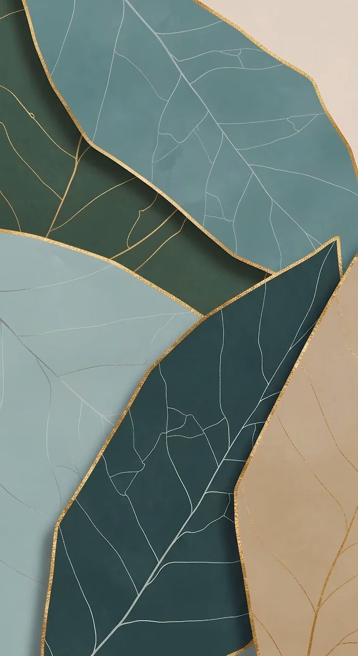 Abstract Geometric Leaves with Gold Outline and Teal Palette - Free Mobile AMOLED Wallpaper Background