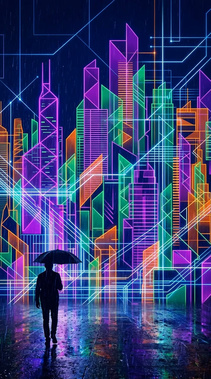 Abstract Geometric Metropolis at Night with Rainy Silhouette - Free Mobile AMOLED Wallpaper Background