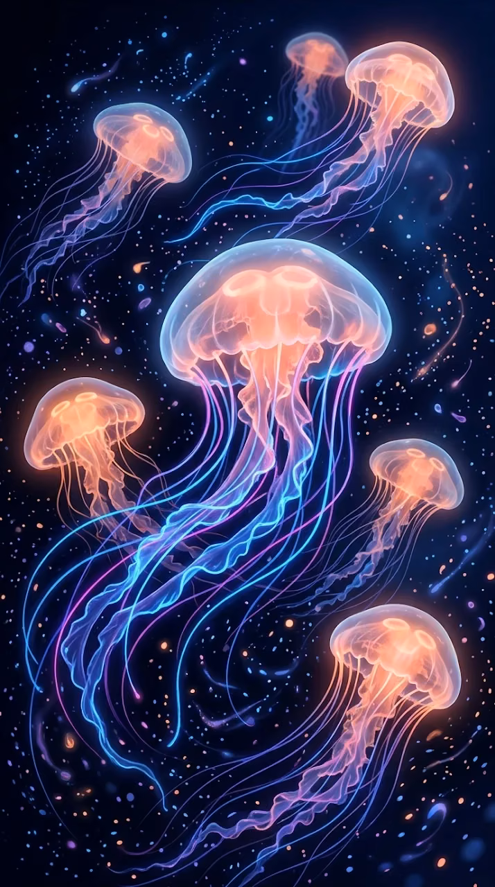 Download Abstract Glowing Jellyfish in the Deep Dark Ocean Wallpaper in Mobile HD Abstract Glowing Jellyfish in the Deep Dark Ocean - Free Mobile AMOLED Wallpaper Background