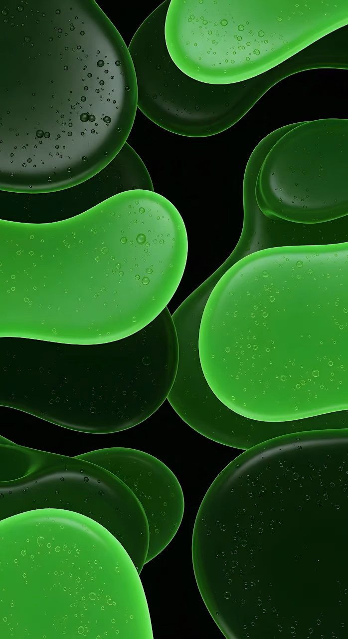 Abstract Green Amoeba Shapes with Water Droplets on Black - Free Mobile AMOLED Wallpaper Background