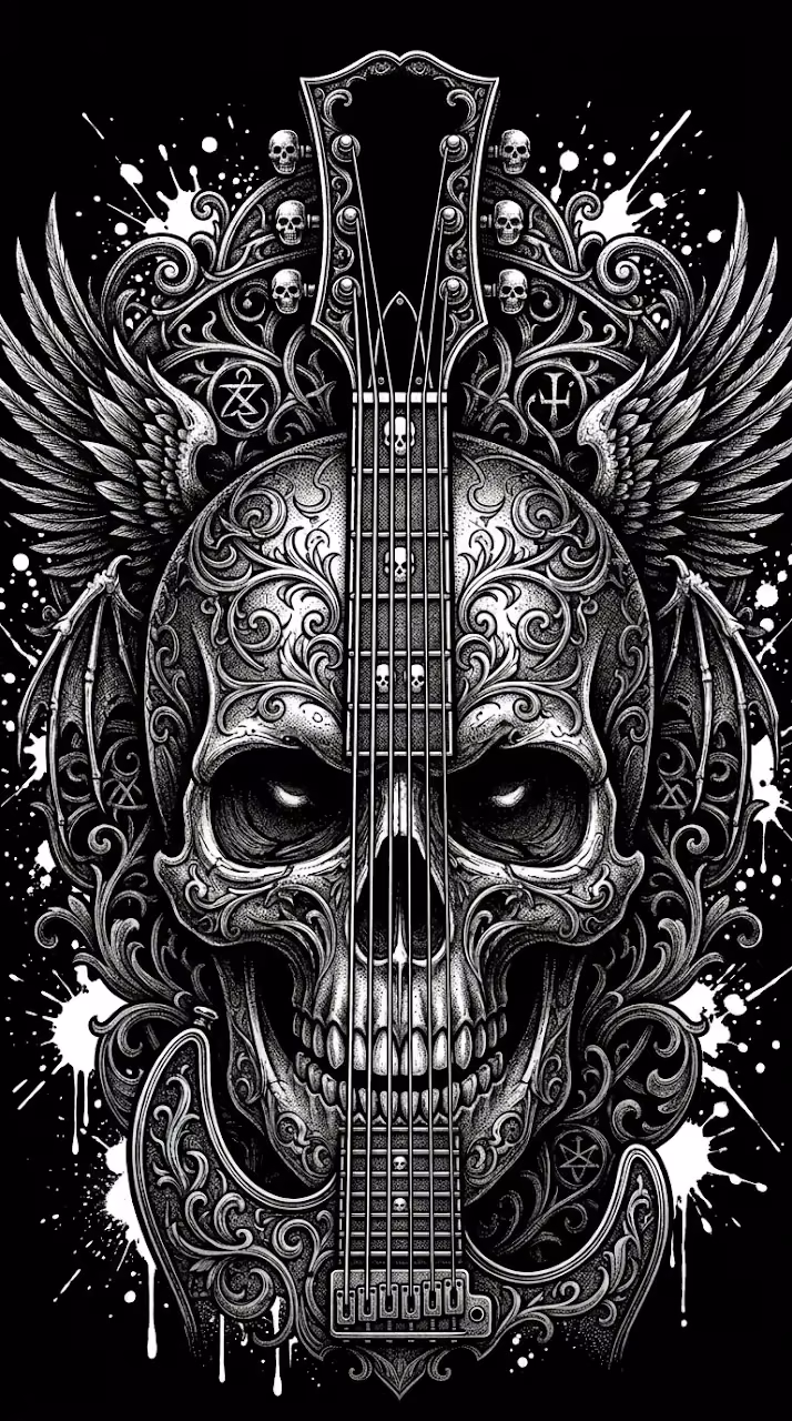 Abstract Guitar and Skull Monochromatic Digital Illustration - Free Mobile AMOLED Wallpaper Background