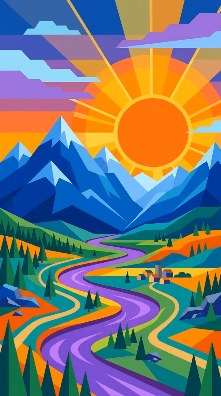 Abstract Landscape Illustration of Geometric Mountains and a Sinking Sun - Free Mobile AMOLED Wallpaper Background