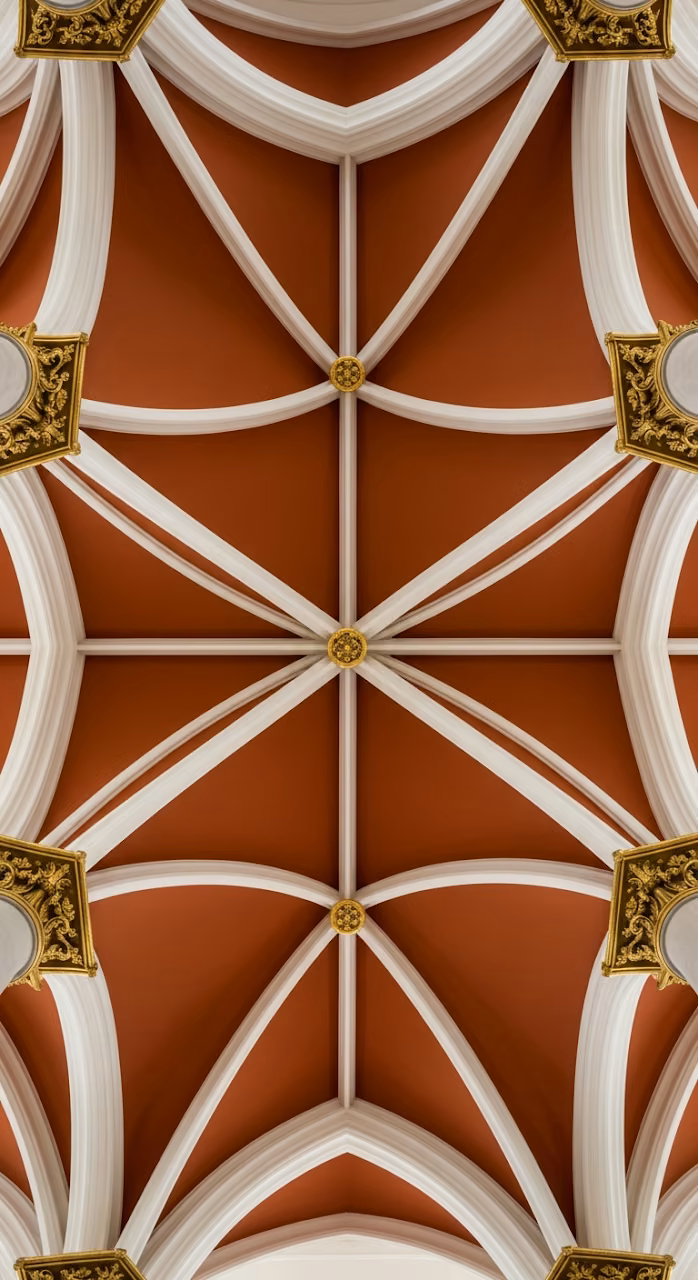 Abstract Low-Angle View of a Symmetrical Gothic-Revival Vaulted Ceiling and Fluted Columns - Free Mobile AMOLED Wallpaper Background