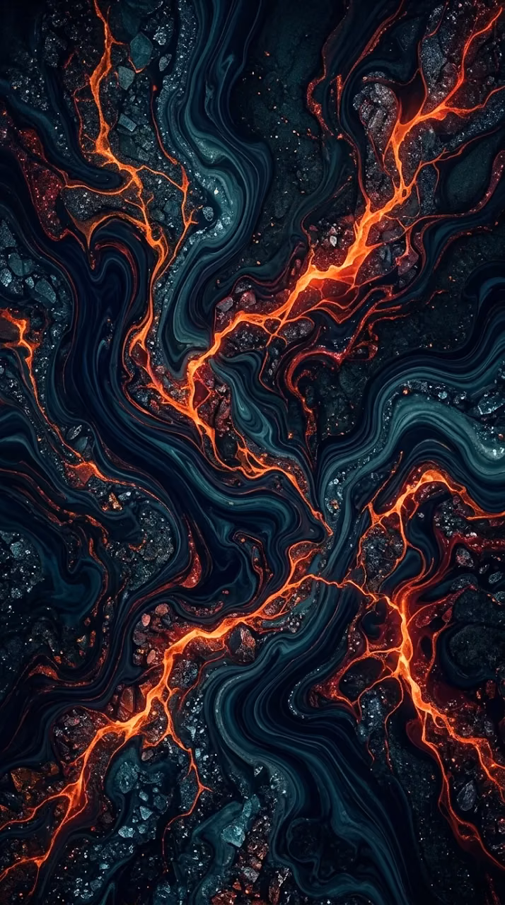Abstract Marbled Fluid Texture in Deep Blue with Glowing Orange Veins - Free Mobile AMOLED Wallpaper Background