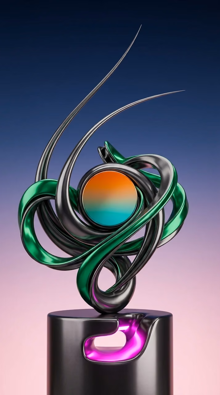 Abstract Modern Sculpture with Metallic Finish and Magenta Glow - Free Mobile AMOLED Wallpaper Background