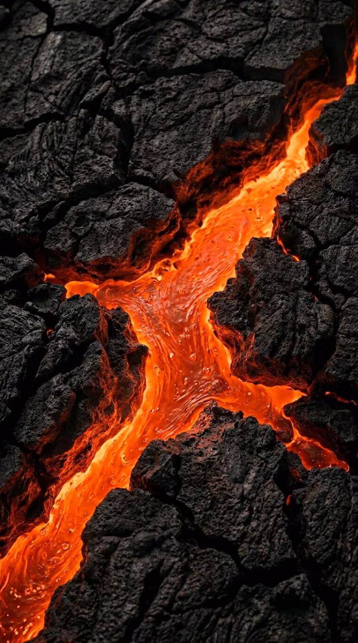 Abstract Molten Lava Cracks in Dark Volcanic Rock - Free Mobile AMOLED Wallpaper Background