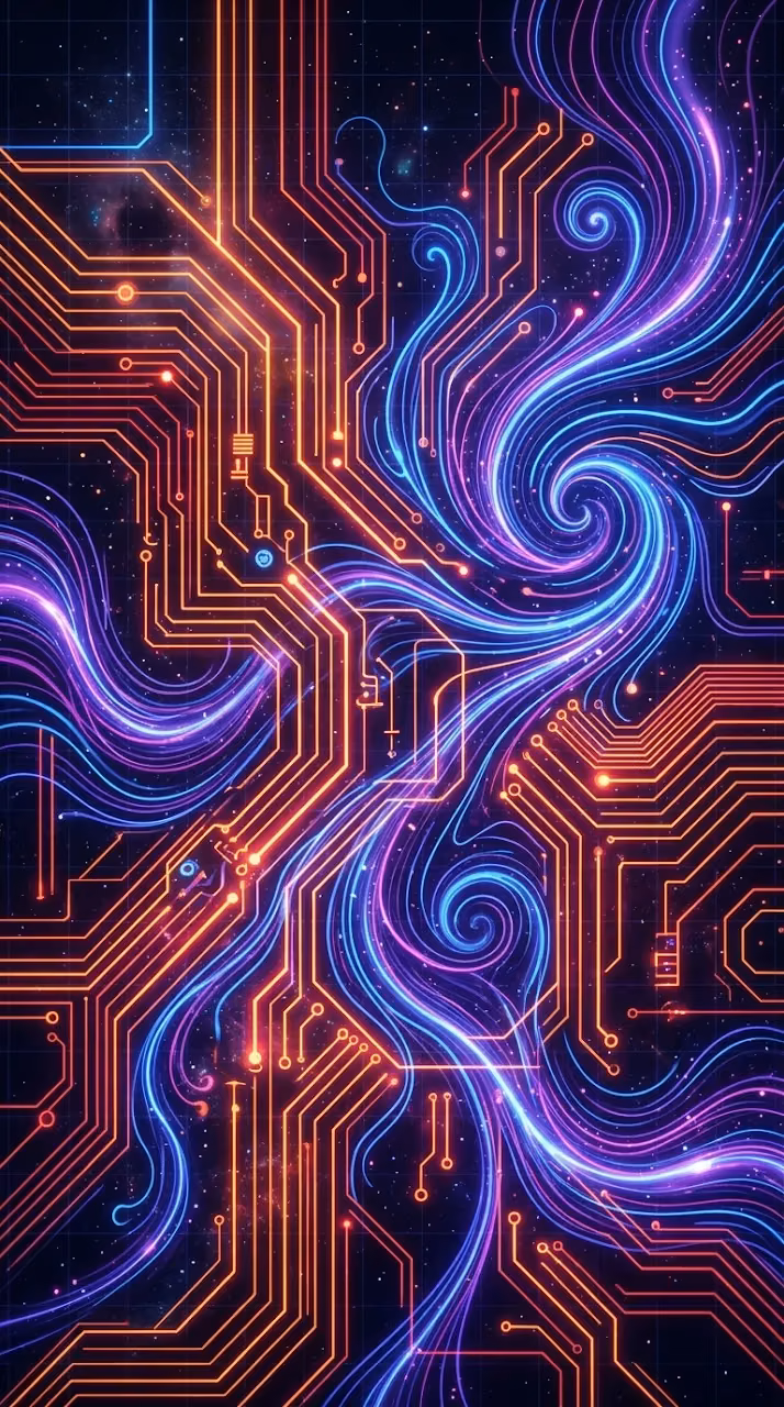 Abstract Neon Circuitry and Fluid Organic Lines Illustration - Free Mobile AMOLED Wallpaper Background