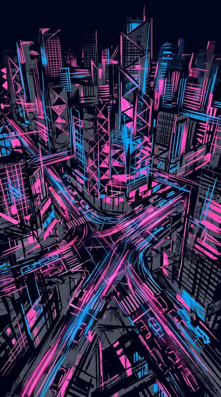 Download Abstract Night Cityscape with Pink and Blue Geometric Patterns Wallpaper in Mobile HD Abstract Night Cityscape with Pink and Blue Geometric Patterns - Free Mobile AMOLED Wallpaper Background