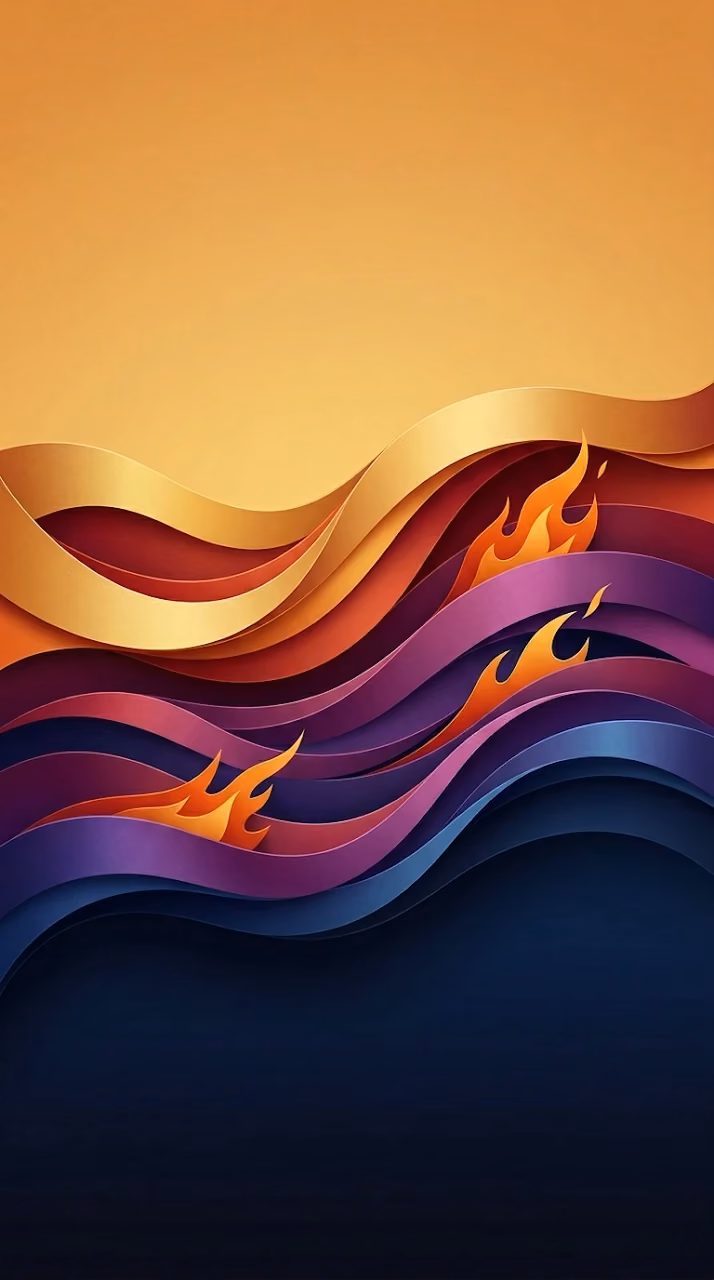 Abstract Overlapping Paper Waves and Golden Flame Wallpaper - Free Mobile AMOLED Wallpaper Background