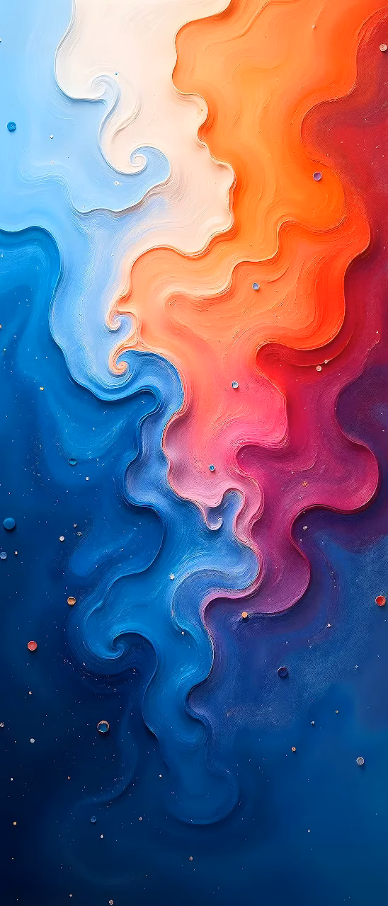 Download Abstract Paint Waves Flow 4K Wallpaper in Mobile HD Close-up of sculpted blue, orange, and pink paint waves with fine droplet textures.