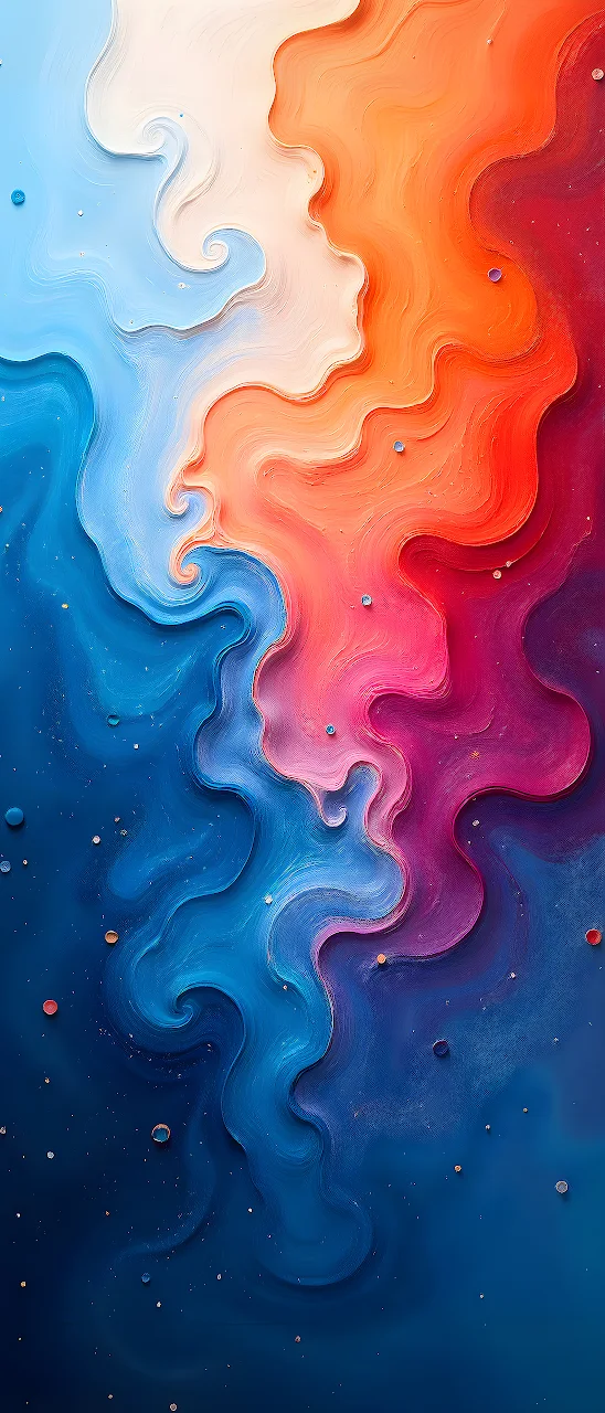 Download Abstract Paint Waves Flow 4K Wallpaper in Mobile HD Close-up of sculpted blue, orange, and pink paint waves with fine droplet textures.