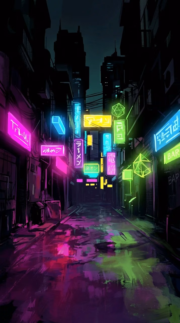 Abstract Rainy Cyberpunk Alley with Neon Reflections - Free Mobile AMOLED Wallpaper Background