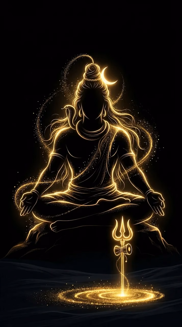 Abstract Silhouette of Lord Shiva in Glowing Gold Light Particles - Free Mobile AMOLED Wallpaper Background