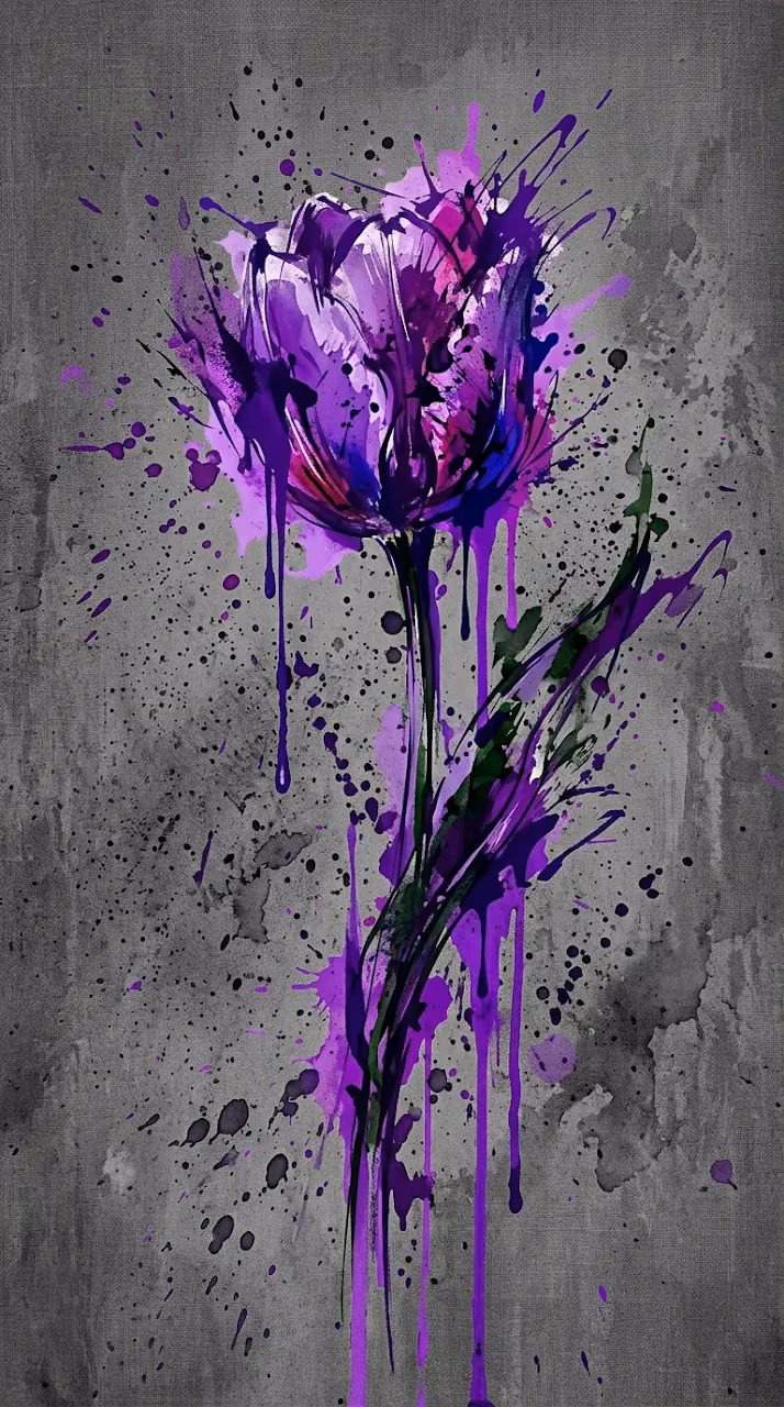 Abstract Splatter Painting of a Single Purple Tulip - Free Mobile AMOLED Wallpaper Background