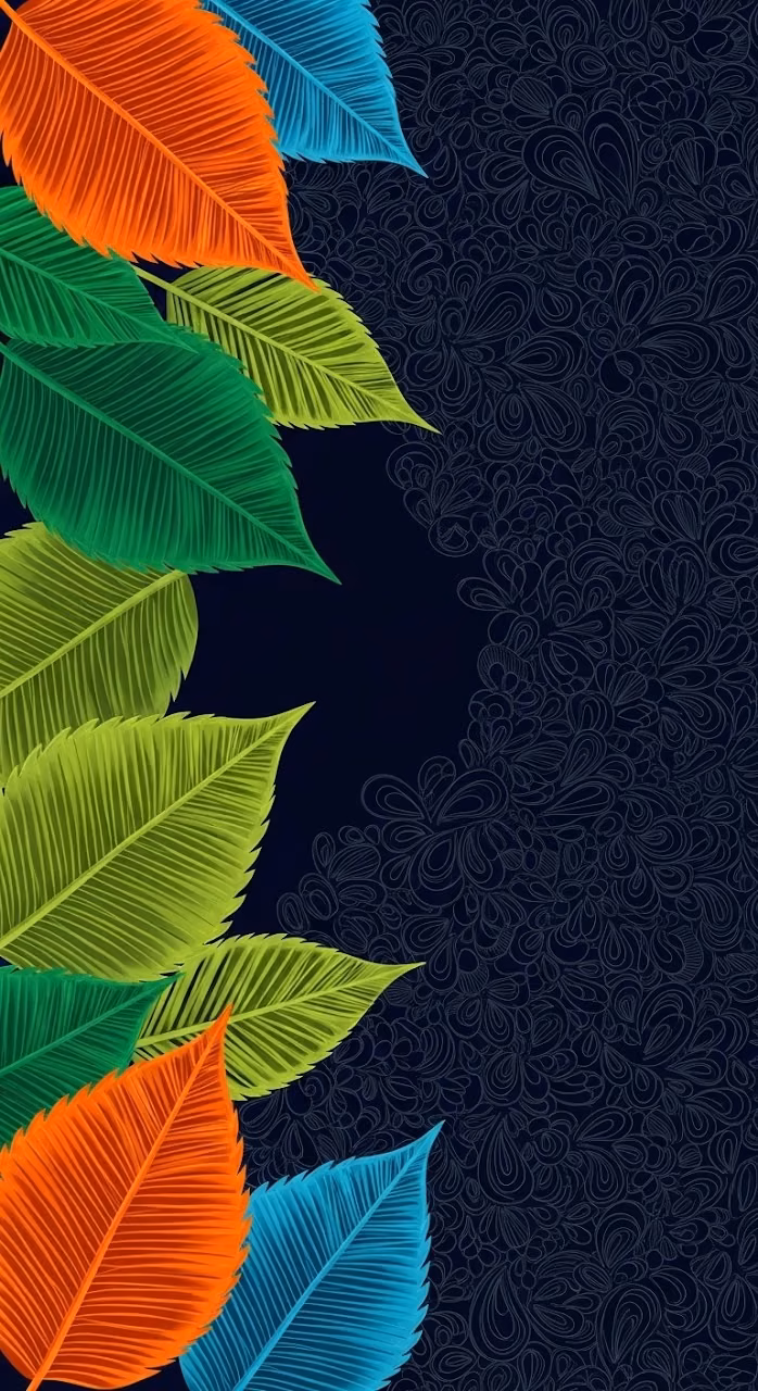 Abstract Stylized Leaves with Vibrant Orange and Green on Navy Swirls - Free Mobile AMOLED Wallpaper Background