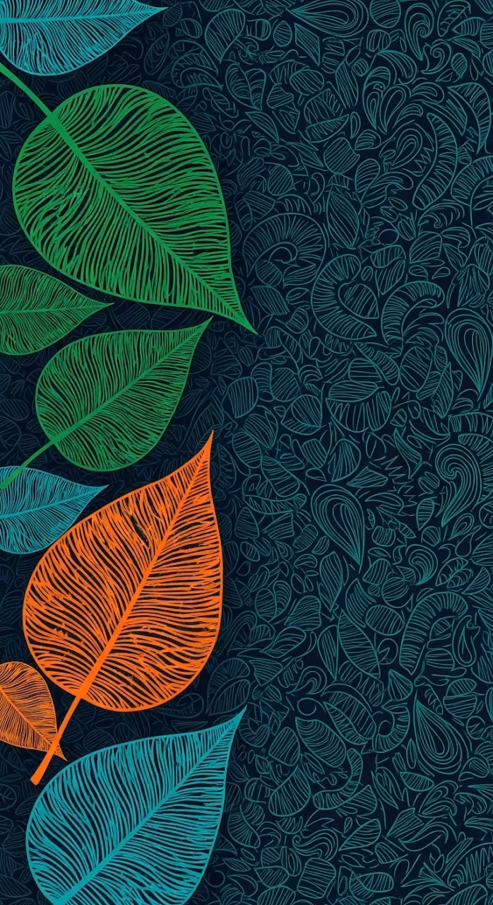 Abstract Stylized Leaves with Vibrant Orange and Green on Navy Swirls - Free Mobile AMOLED Wallpaper Background