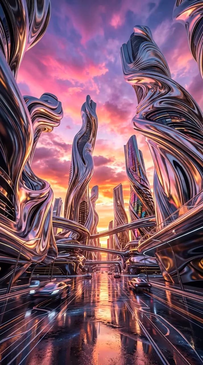 Abstract Surreal Cityscape with Liquid Metal Skyscrapers - Free Mobile AMOLED Wallpaper Background