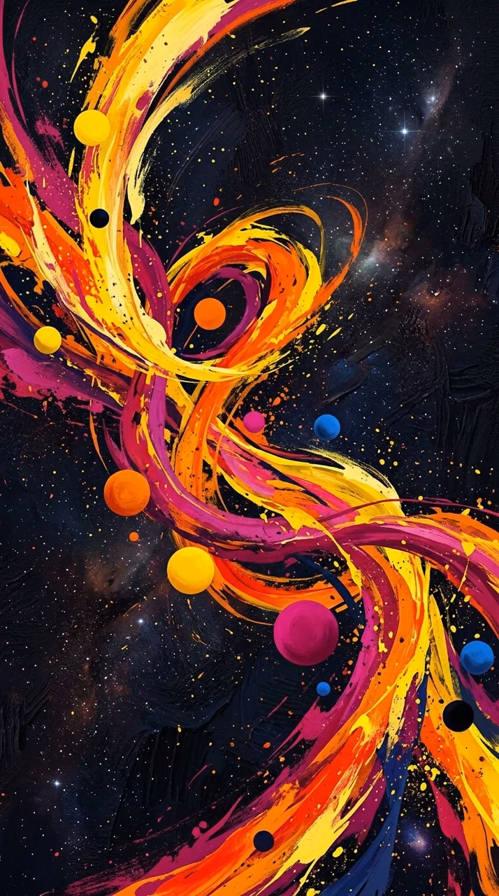 Abstract Swirling Colorful Ribbons and Floating Spheres Composition - Free Mobile AMOLED Wallpaper Background