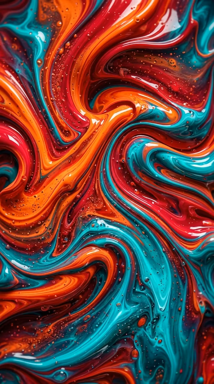 Abstract Swirling Liquid Paint in Red, Orange, and Teal - Free Mobile AMOLED Wallpaper Background