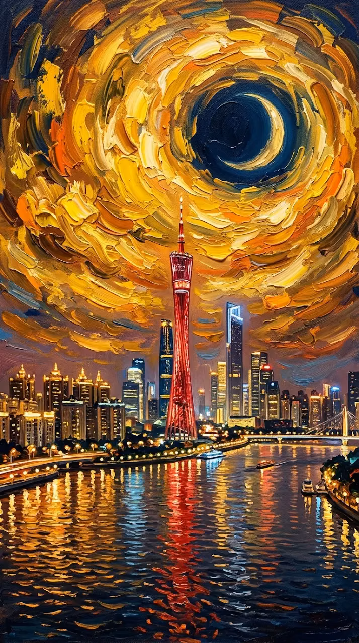 Download Abstract Swirling Sun Over Tokyo Tower Skyline Artwork Wallpaper in Mobile HD Abstract Swirling Sun Over Tokyo Tower Skyline Artwork - Free Mobile AMOLED Wallpaper Background