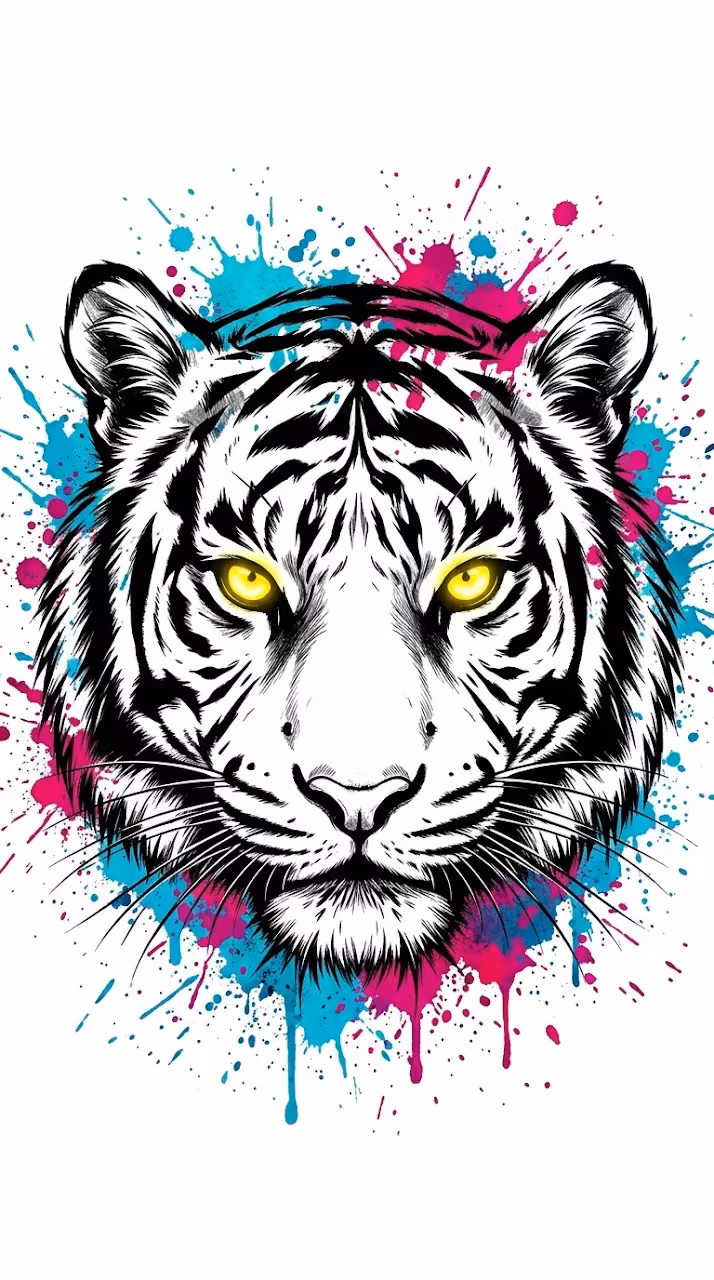 Abstract Tiger Face Illustration with Vibrant Paint Splatters and Intense Eyes - Free Mobile AMOLED Wallpaper Background